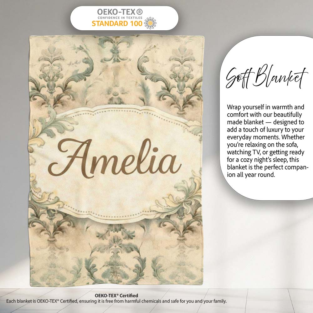 Antique Beige Floral Damask Seamless Pattern Vintage Classic Lovely  Personalised Custom Name Super Soft Fleece Blanket Bed Sofa Throw