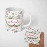 Personalized Custom Name Christmas Icons Pattern Snowflakes Gifts Baubles Seamless Design 11oz Ceramic Coffee Tea Mug White Large Handle