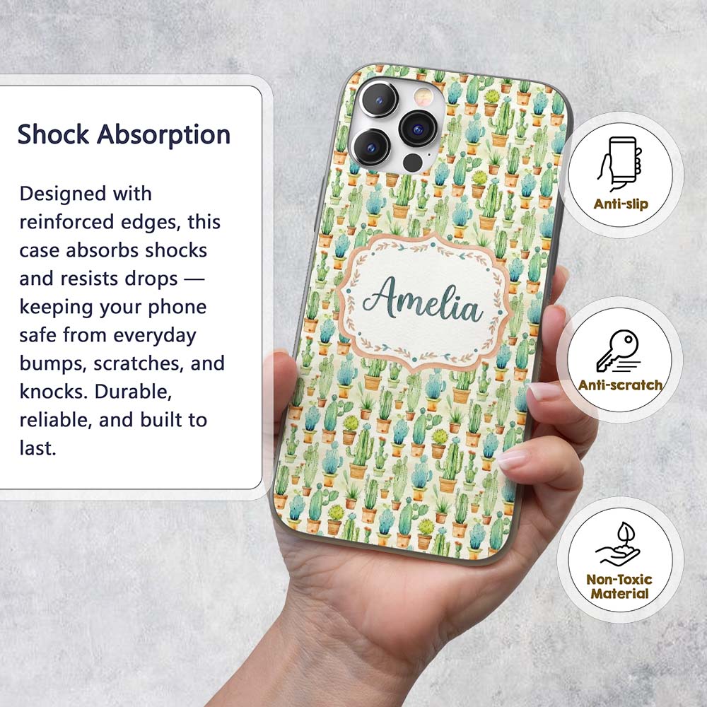 Soft Watercolor Potted Cactus Succulent Garden Custom Name Protective Phone Case Mobile Cover Durable Everyday Smartphone Shock Resistant