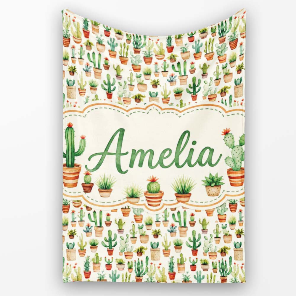 Rustic Desert Potted Cactus Succulent Collection Seamless Pattern  Personalised Custom Name Super Soft Fleece Blanket Bed Sofa Throw