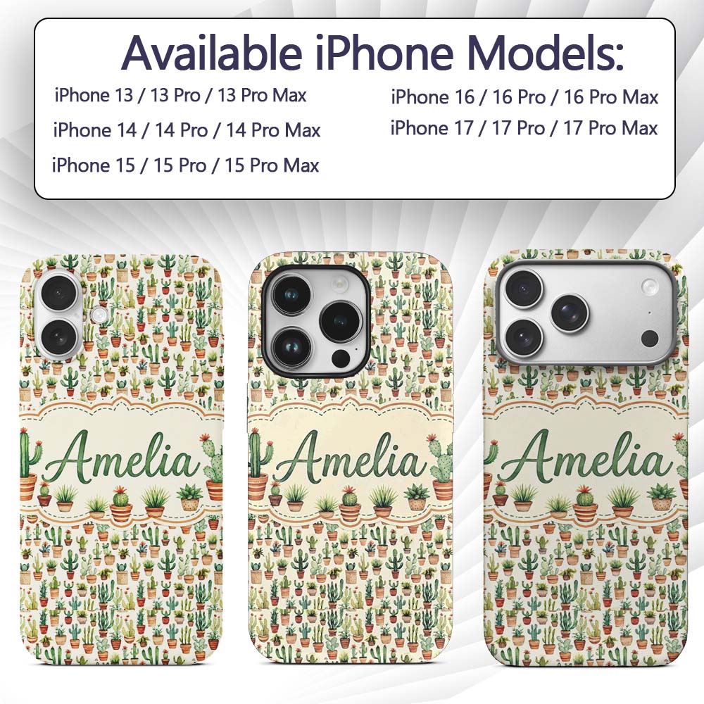 Rustic Desert Potted Cactus Succulent Collection Custom Name Protective Phone Case Mobile Cover Durable Everyday Smartphone Shock Resistant