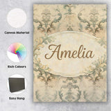 Personalised Name Antique Beige Floral Damask Seamless Pattern Custom Modern Room Accent Canvas Wall Art Print Decor Picture Ready to Hang