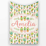Charming Pastel Potted Cactus Succulent Garden Seamless Pattern  Personalised Custom Name Super Soft Fleece Blanket Bed Sofa Throw