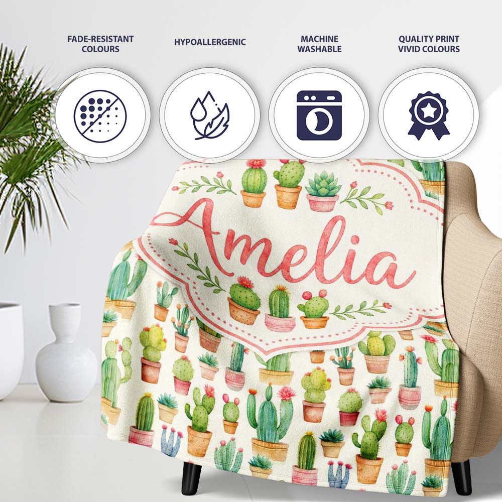 Charming Pastel Potted Cactus Succulent Garden Seamless Pattern  Personalised Custom Name Super Soft Fleece Blanket Bed Sofa Throw