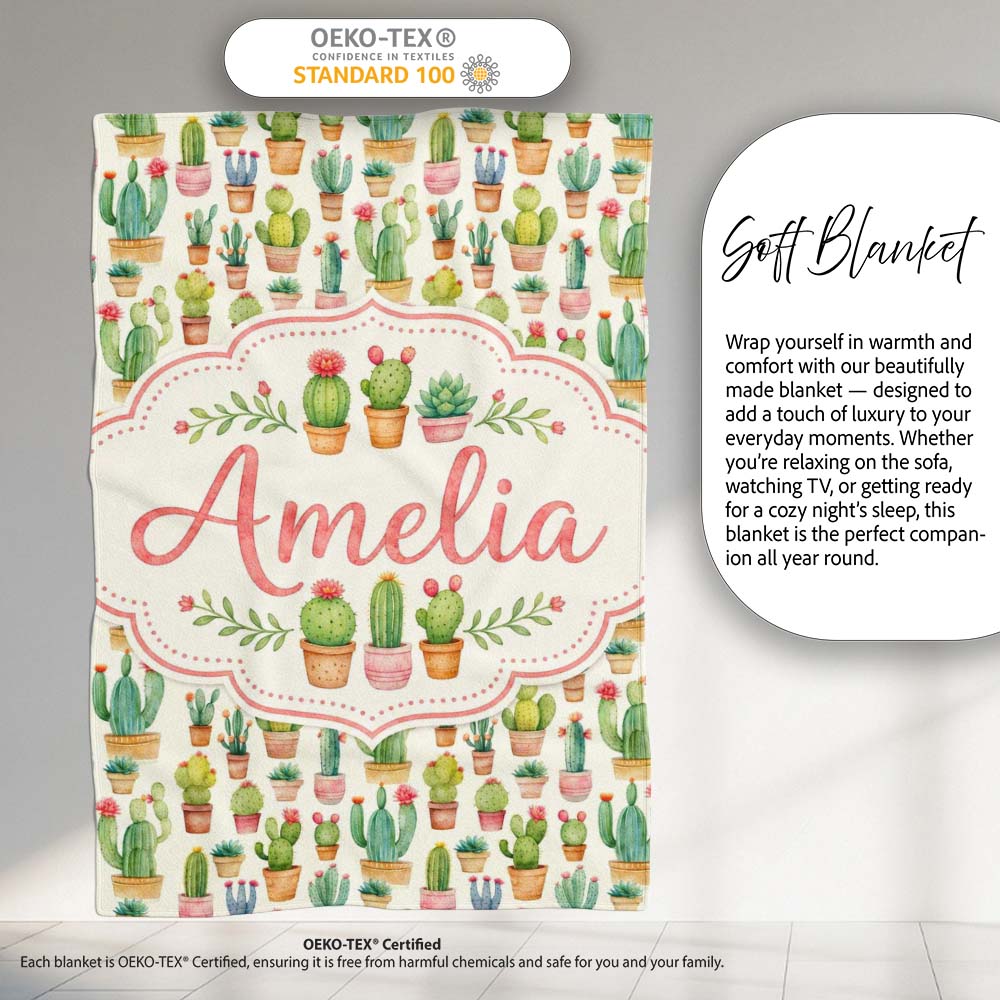 Charming Pastel Potted Cactus Succulent Garden Seamless Pattern  Personalised Custom Name Super Soft Fleece Blanket Bed Sofa Throw