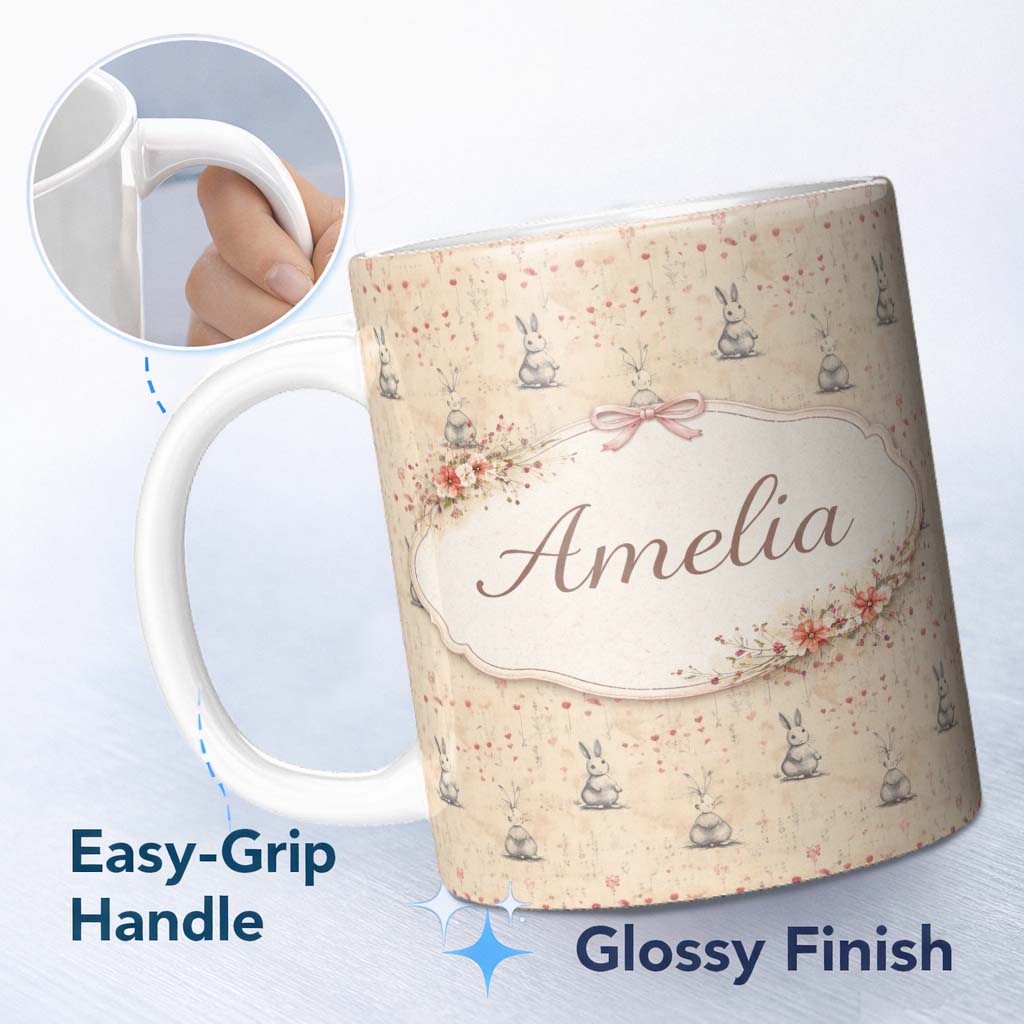 Personalized Custom Name Delicate Grey Bunny Floral Hearts Vintage Seamless Pattern Lovely 11oz Ceramic Coffee Tea Mug White Large Handle