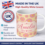 Personalized Custom Name Pink Daisy Floral Pattern on Soft Yellow Background Seamless Pattern 11oz Ceramic Coffee Tea Mug White Large Handle