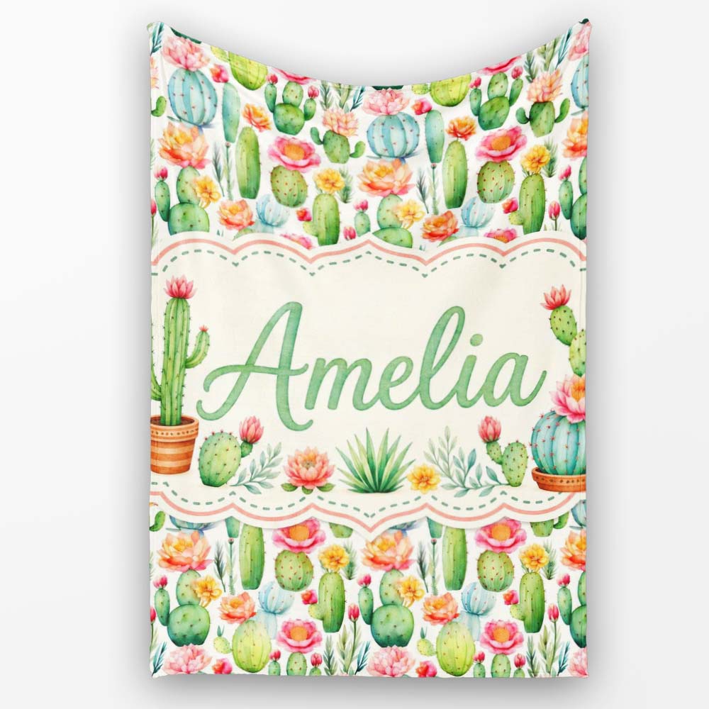 Bright Colorful Potted Cactus Succulent Collection Seamless Pattern  Personalised Custom Name Super Soft Fleece Blanket Bed Sofa Throw