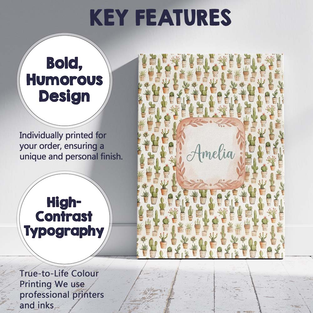 Personalised Name Neutral Tone Potted Custom Modern Room Accent Creative Decorator Style Canvas Wall Art Print Decor Picture Ready to Hang