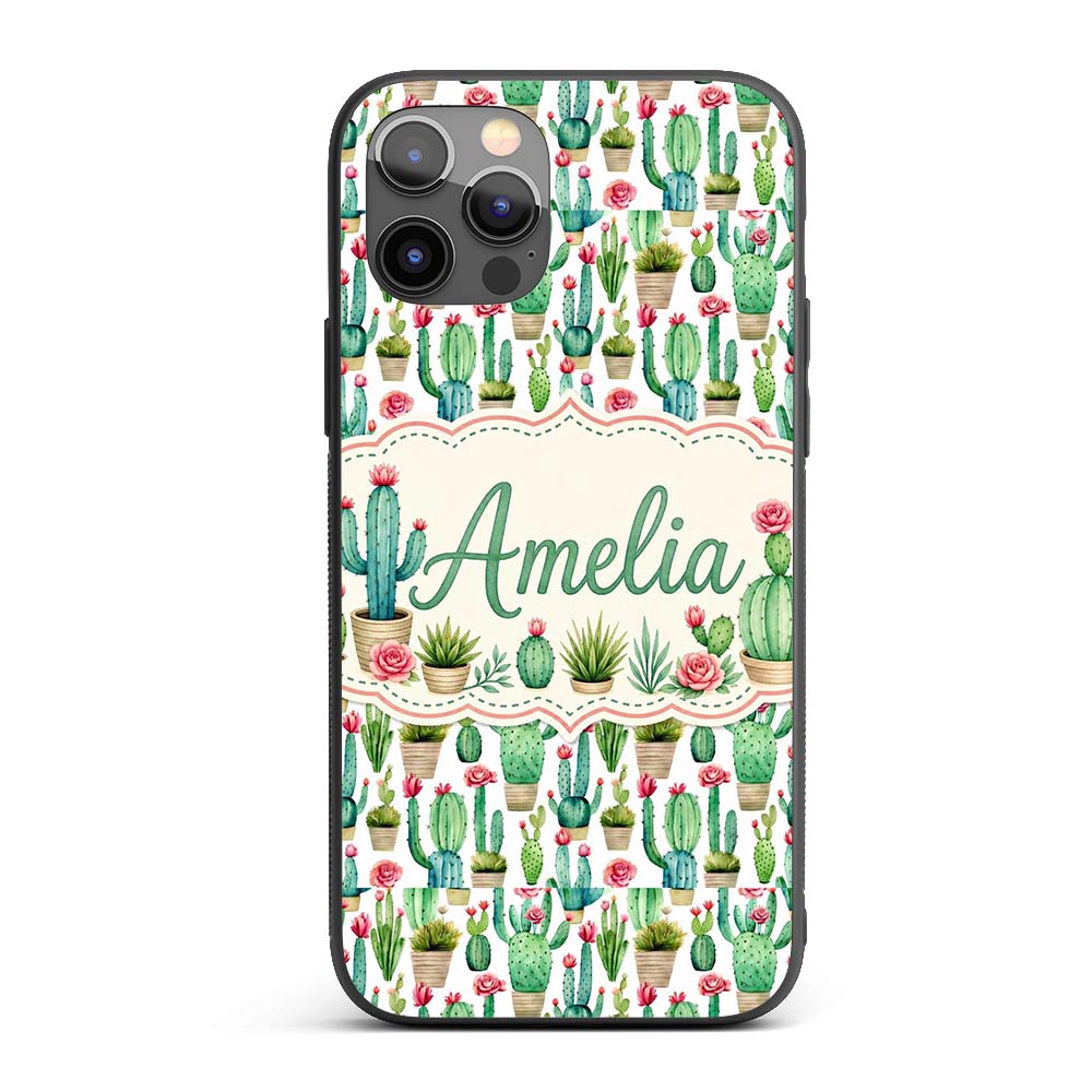 Fresh Green Cactus with Pink Flowers Watercolor Custom Name Protective Phone Case Mobile Cover Durable Everyday Smartphone Shock Resistant