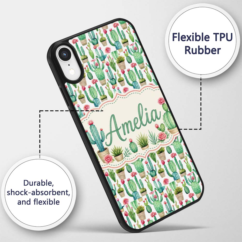 Fresh Green Cactus with Pink Flowers Watercolor Custom Name Protective Phone Case Mobile Cover Durable Everyday Smartphone Shock Resistant