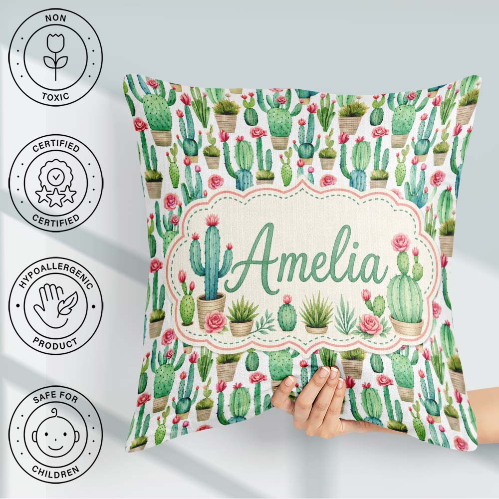 Custom Name Fresh Green with Flowers Watercolor Seamless Pattern Square Filled Cushion Throw Pillow Sofa Bed Home Decor Zip Washable UK Made
