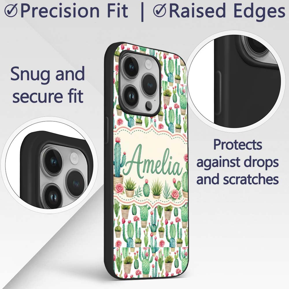 Fresh Green Cactus with Pink Flowers Watercolor Custom Name Protective Phone Case Mobile Cover Durable Everyday Smartphone Shock Resistant