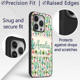 Fresh Green Cactus with Pink Flowers Watercolor Custom Name Protective Phone Case Mobile Cover Durable Everyday Smartphone Shock Resistant