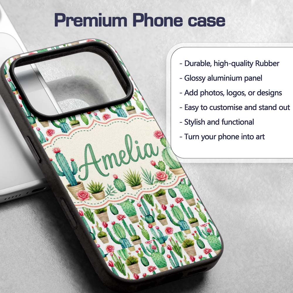 Fresh Green Cactus with Pink Flowers Watercolor Custom Name Protective Phone Case Mobile Cover Durable Everyday Smartphone Shock Resistant
