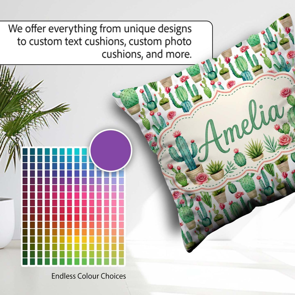 Custom Name Fresh Green with Flowers Watercolor Seamless Pattern Square Filled Cushion Throw Pillow Sofa Bed Home Decor Zip Washable UK Made