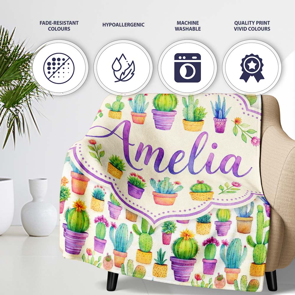 Colorful Pastel Cactus Succulent Garden Bright Seamless Pattern  Personalised Custom Name Super Soft Fleece Blanket Bed Sofa Throw