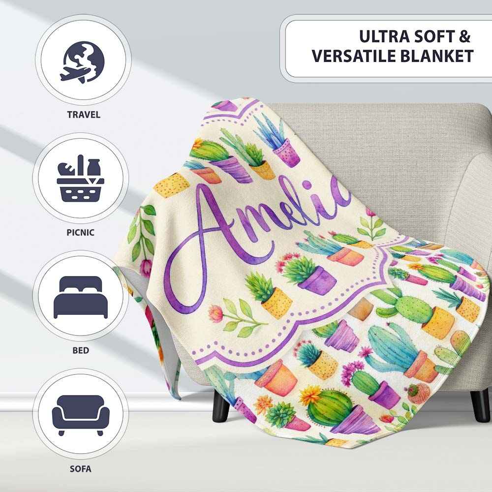 Colorful Pastel Cactus Succulent Garden Bright Seamless Pattern  Personalised Custom Name Super Soft Fleece Blanket Bed Sofa Throw