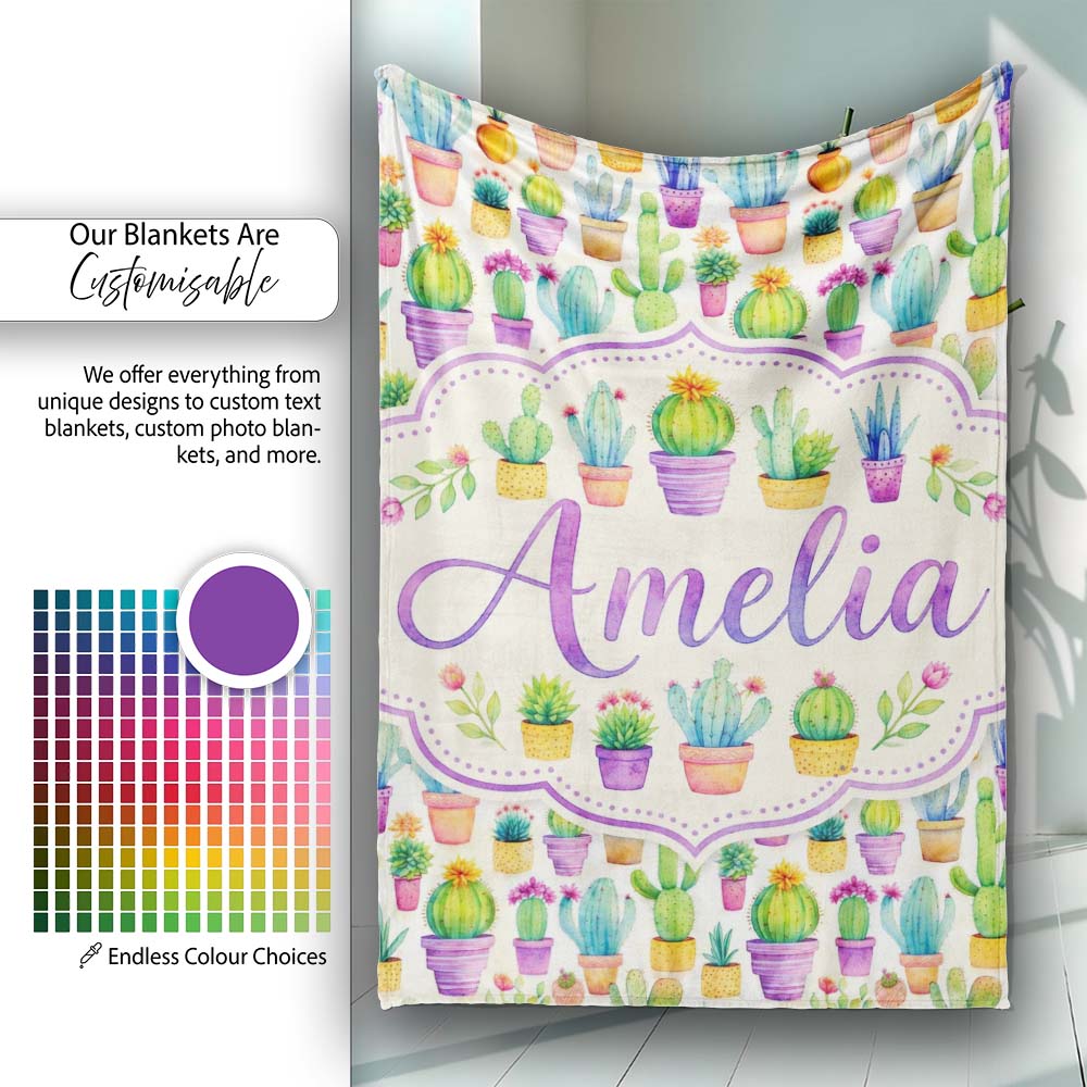 Colorful Pastel Cactus Succulent Garden Bright Seamless Pattern  Personalised Custom Name Super Soft Fleece Blanket Bed Sofa Throw