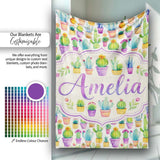 Colorful Pastel Cactus Succulent Garden Bright Seamless Pattern  Personalised Custom Name Super Soft Fleece Blanket Bed Sofa Throw