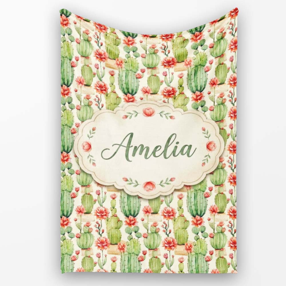 Blooming Desert Cactus with Orange Flowers Seamless Pattern Design  Personalised Custom Name Super Soft Fleece Blanket Bed Sofa Throw