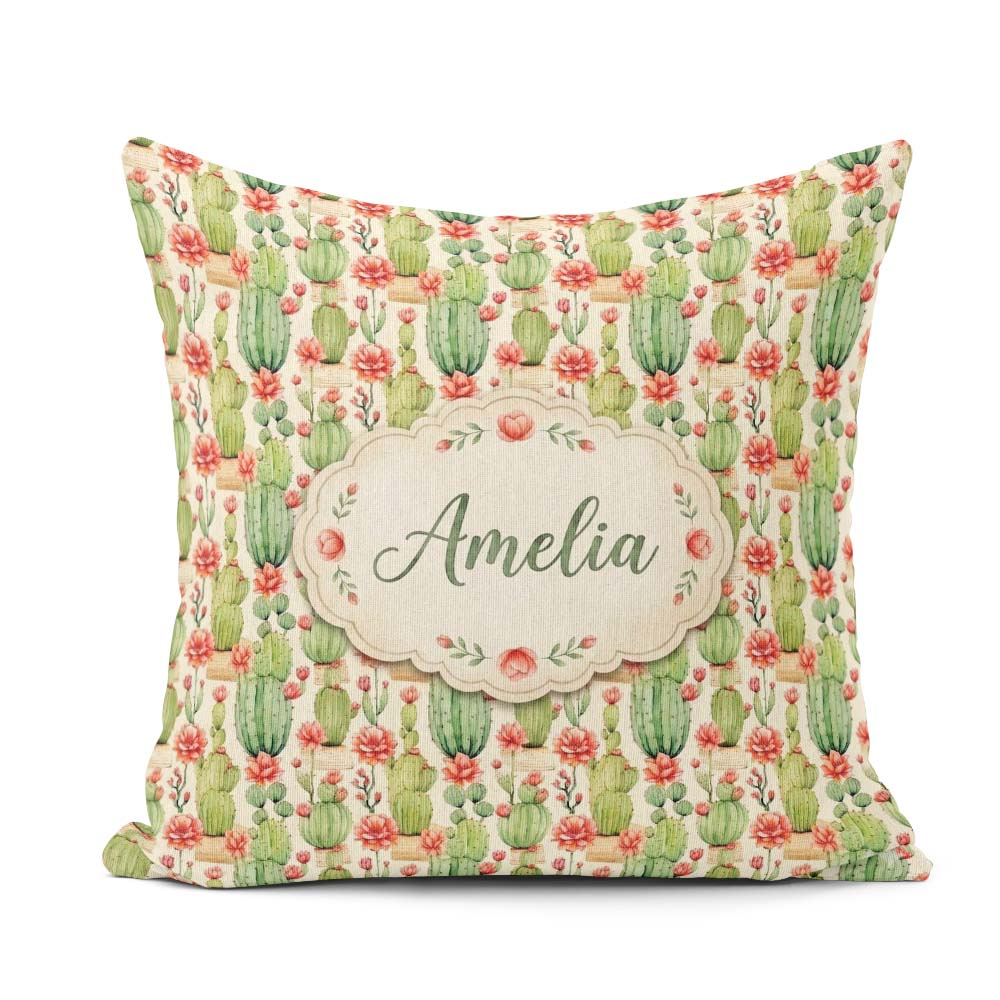 Custom Name Blooming Desert Cactus with Flowers Seamless Pattern Square Filled Cushion Throw Pillow Sofa Bed Home Decor Zip Washable UK Made