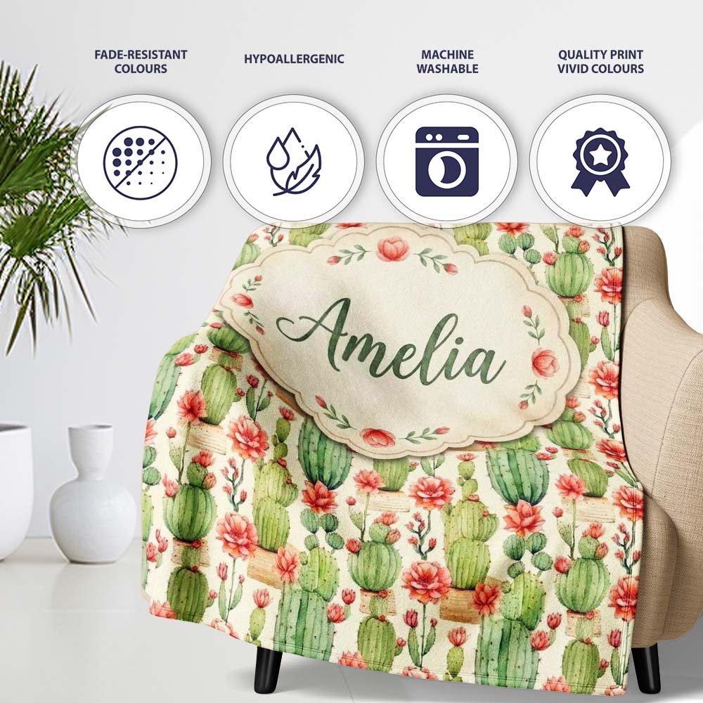 Blooming Desert Cactus with Orange Flowers Seamless Pattern Design  Personalised Custom Name Super Soft Fleece Blanket Bed Sofa Throw