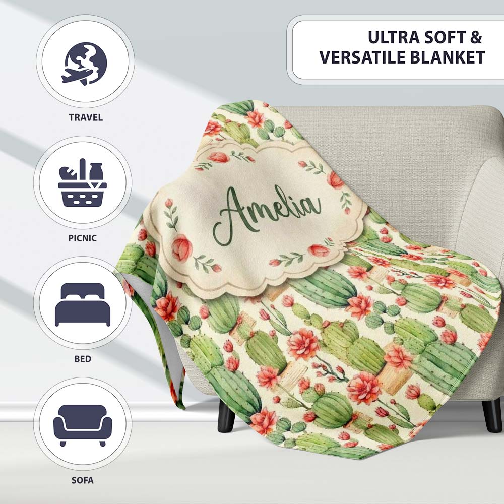 Blooming Desert Cactus with Orange Flowers Seamless Pattern Design  Personalised Custom Name Super Soft Fleece Blanket Bed Sofa Throw