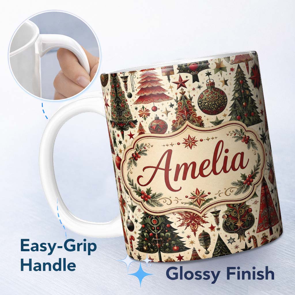 Personalized Custom Name Ornate Christmas Trees Baubles Stars Vintage Seamless Pattern Lovely 11oz Ceramic Coffee Tea Mug White Large Handle