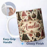 Personalized Custom Name Ornate Christmas Trees Baubles Stars Vintage Seamless Pattern Lovely 11oz Ceramic Coffee Tea Mug White Large Handle