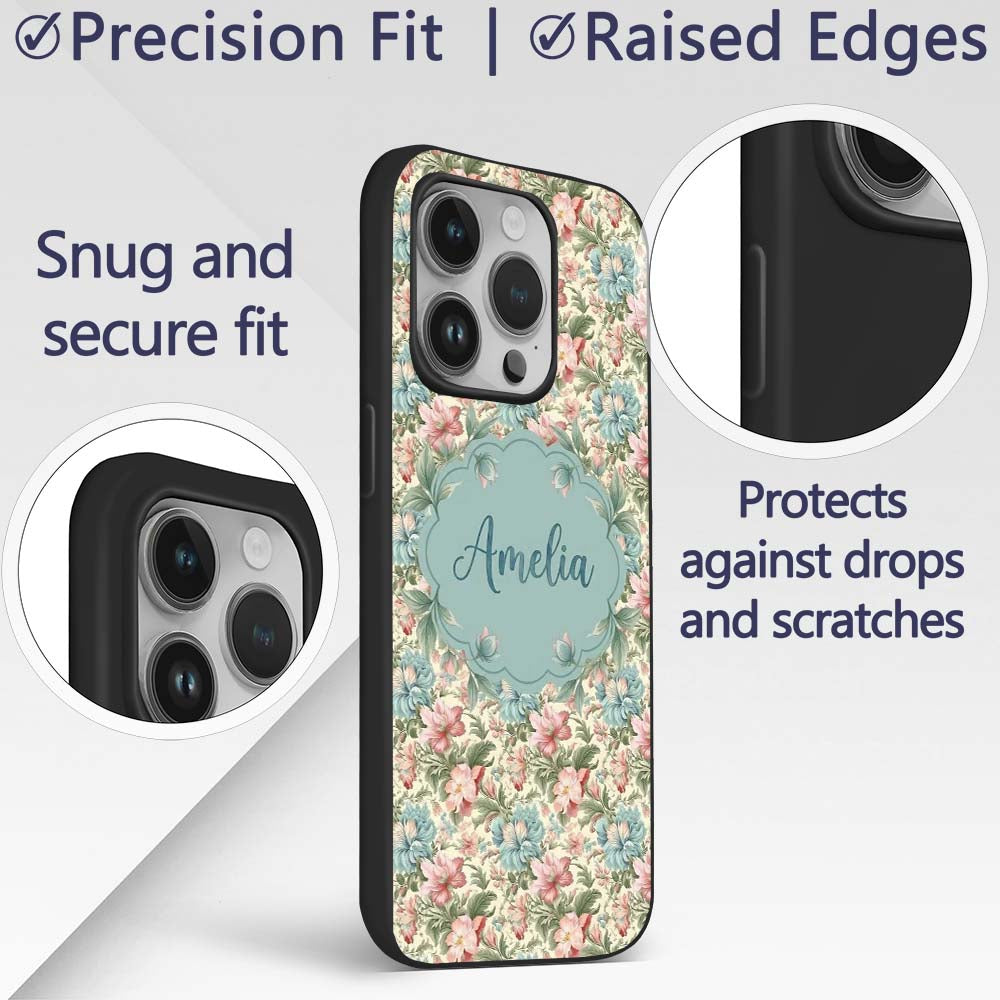 Elegant Vintage Floral Bouquet Garden Seamless Custom Name Protective Phone Case Mobile Cover Durable Everyday Smartphone Shock Resistant