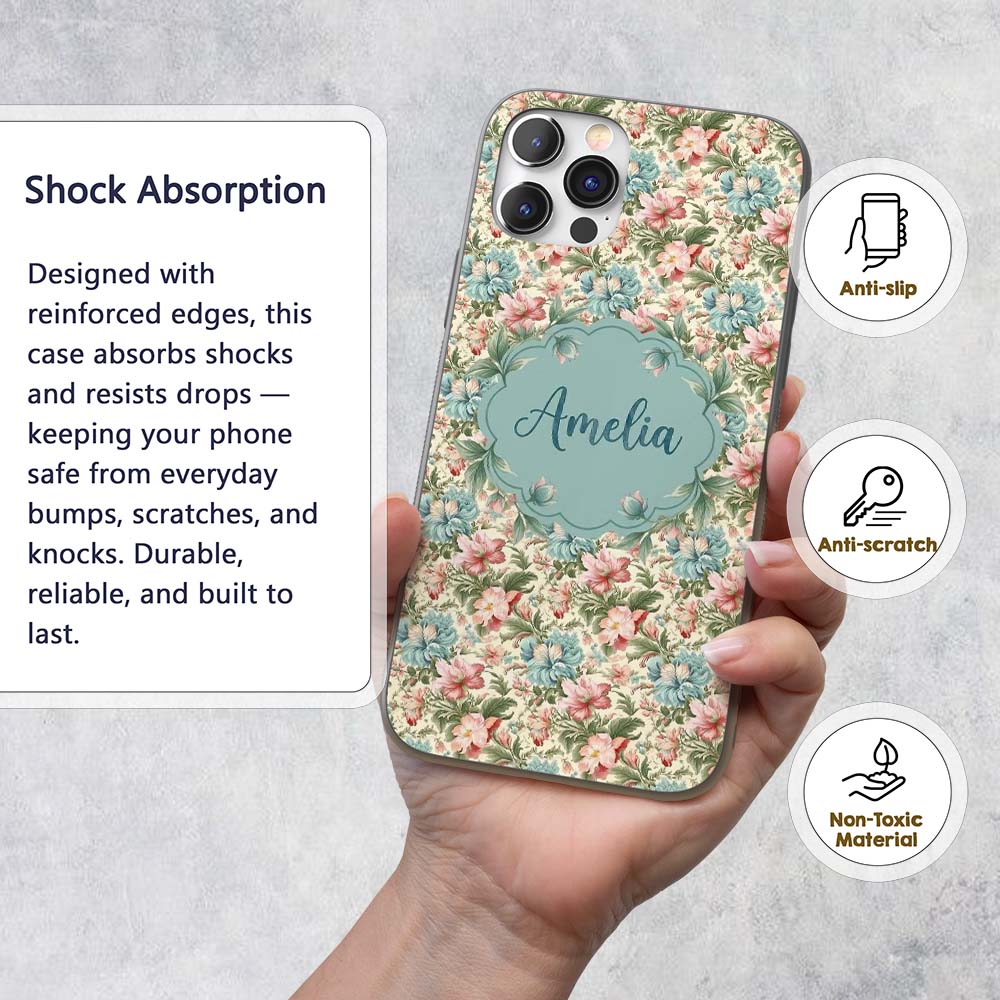 Elegant Vintage Floral Bouquet Garden Seamless Custom Name Protective Phone Case Mobile Cover Durable Everyday Smartphone Shock Resistant