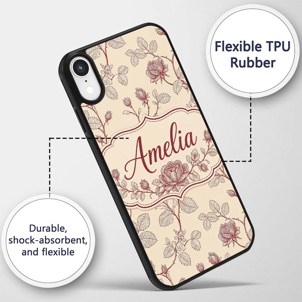 Classic Red Line Art Rose Botanical Seamless Custom Name Protective Phone Case Mobile Cover Durable Everyday Smartphone Shock Resistant