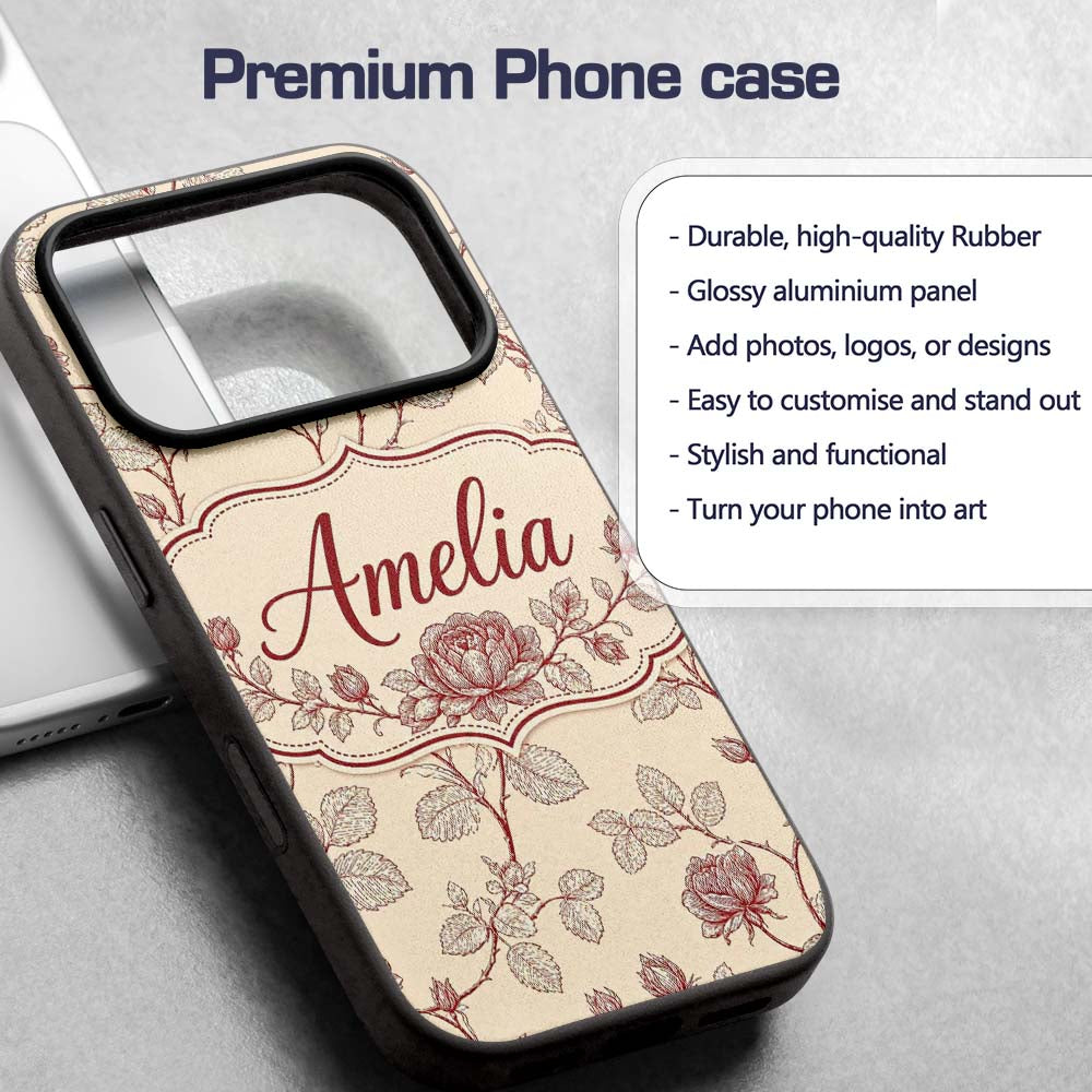 Classic Red Line Art Rose Botanical Seamless Custom Name Protective Phone Case Mobile Cover Durable Everyday Smartphone Shock Resistant