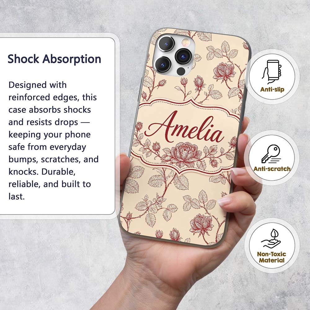 Classic Red Line Art Rose Botanical Seamless Custom Name Protective Phone Case Mobile Cover Durable Everyday Smartphone Shock Resistant