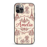 Paris Eiffel Tower Bicycle Floral Printed Design Custom Name Protective Phone Case Mobile Cover Durable Everyday Smartphone Shock Resistant
