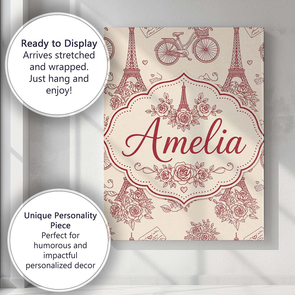 Personalised Name Paris Eiffel Tower Custom Premium Decorative Design Modern Room Accent Canvas Wall Art Print Decor Picture Ready to Hang