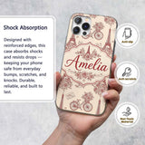 Paris Eiffel Tower Bicycle Floral Printed Design Custom Name Protective Phone Case Mobile Cover Durable Everyday Smartphone Shock Resistant
