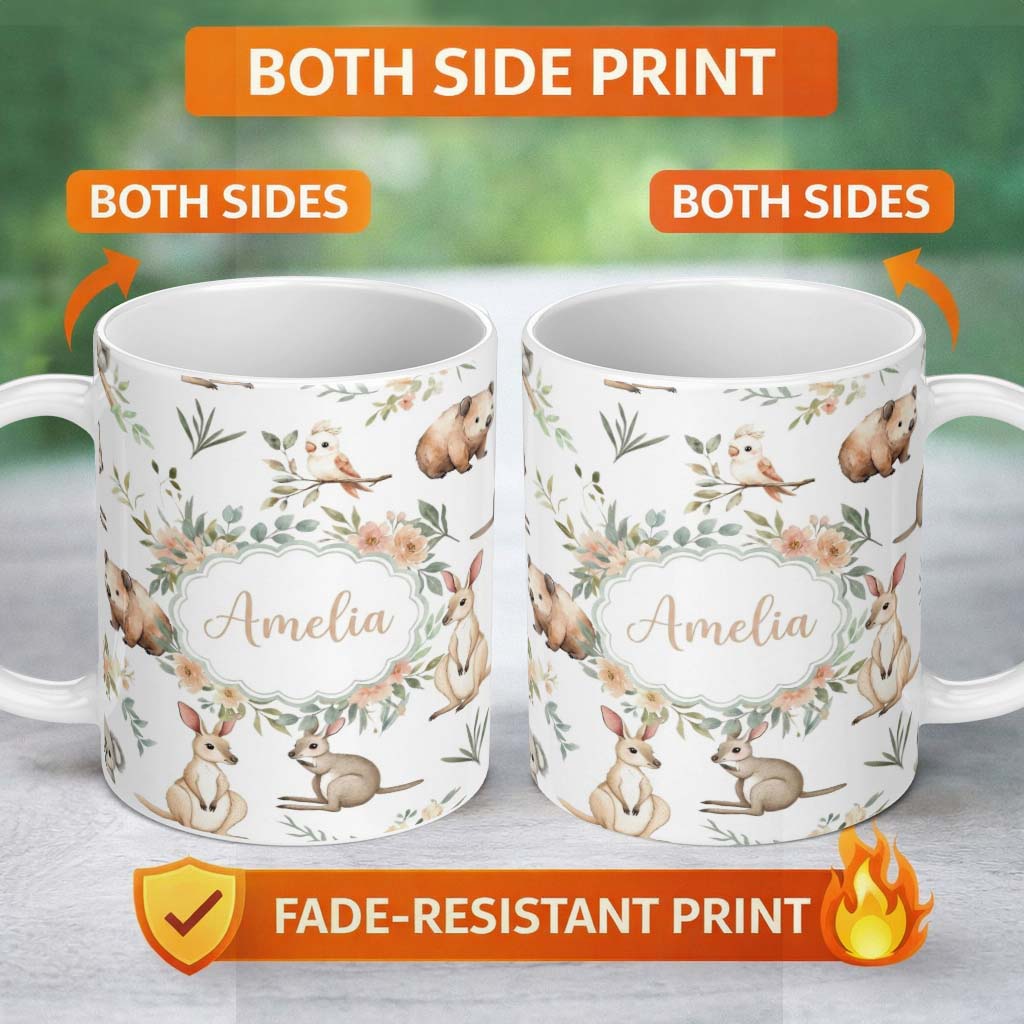 Personalized Custom Name Woodland Animals Koala Kangaroo Bear Floral Light Grey Seamless 11oz Ceramic Coffee Tea Mug White Large Handle