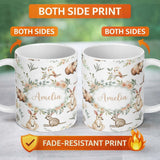 Personalized Custom Name Woodland Animals Koala Kangaroo Bear Floral Light Grey Seamless 11oz Ceramic Coffee Tea Mug White Large Handle