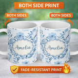 Personalized Custom Name Cute Blue Butterflies with Floral Background Seamless Pattern Lovely 11oz Ceramic Coffee Tea Mug White Large Handle