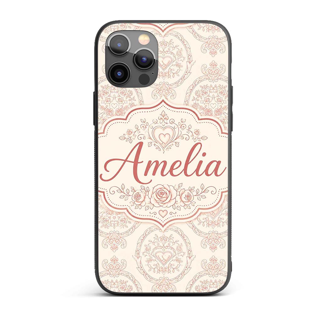Elegant Vintage Heart Frame Floral Medallion Custom Name Protective Phone Case Mobile Cover Durable Everyday Smartphone Shock Resistant