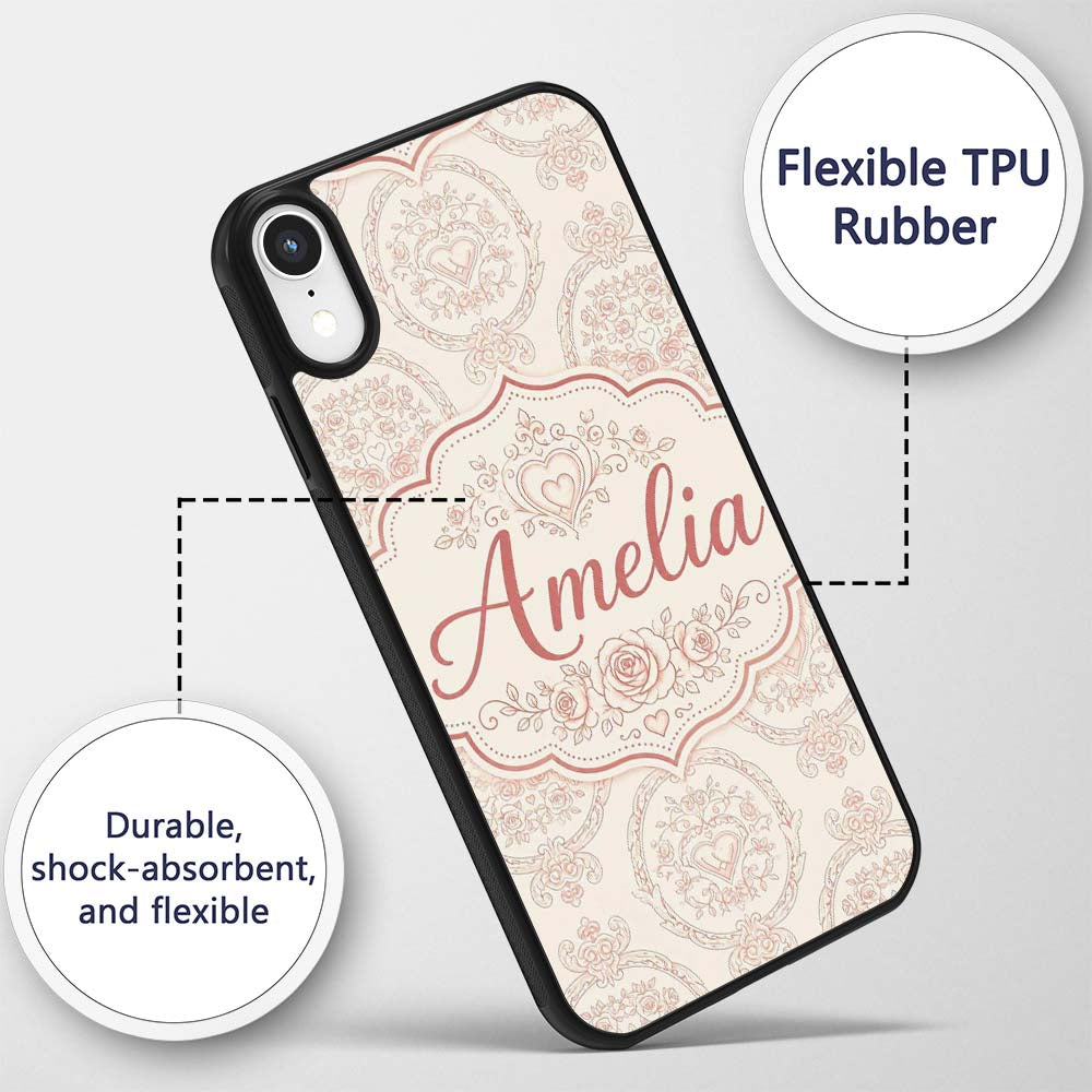 Elegant Vintage Heart Frame Floral Medallion Custom Name Protective Phone Case Mobile Cover Durable Everyday Smartphone Shock Resistant