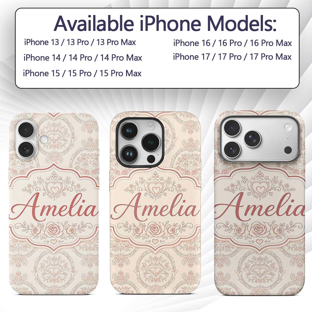 Elegant Vintage Heart Frame Floral Medallion Custom Name Protective Phone Case Mobile Cover Durable Everyday Smartphone Shock Resistant