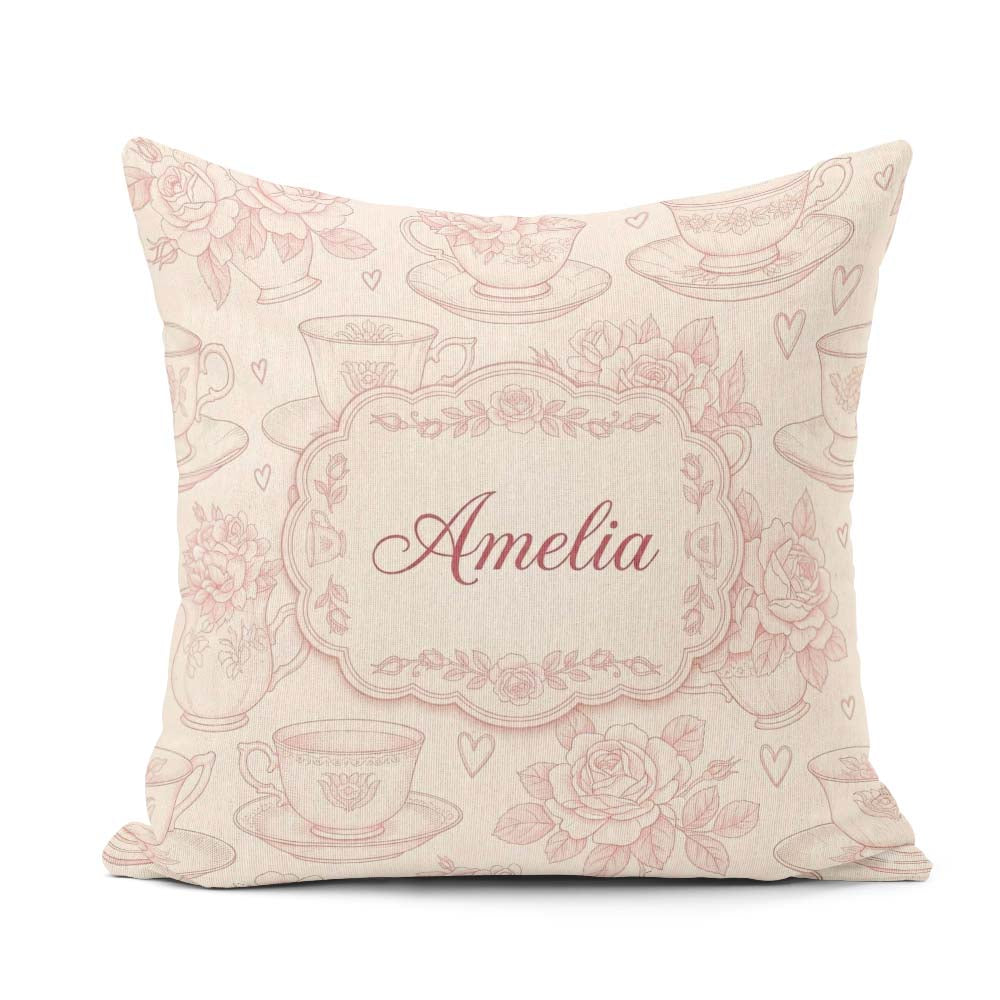 Custom Name Delicate Rose Teacup Floral Romantic Seamless Design Square Filled Cushion Throw Pillow Sofa Bed Home Decor Zip Washable UK Made