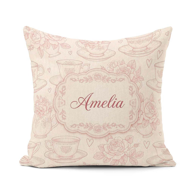 Custom Name Delicate Rose Teacup Floral Romantic Seamless Design Square Filled Cushion Throw Pillow Sofa Bed Home Decor Zip Washable UK Made