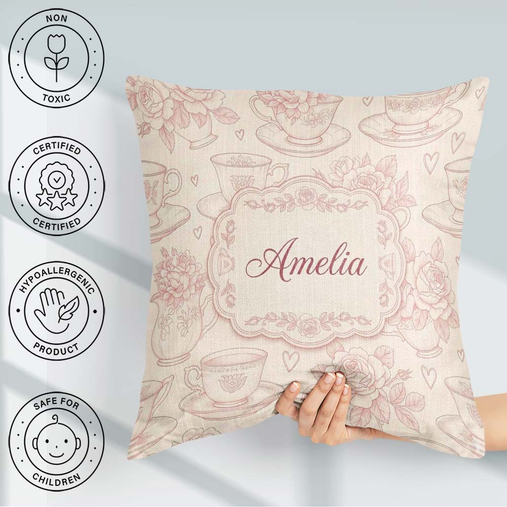 Custom Name Delicate Rose Teacup Floral Romantic Seamless Design Square Filled Cushion Throw Pillow Sofa Bed Home Decor Zip Washable UK Made