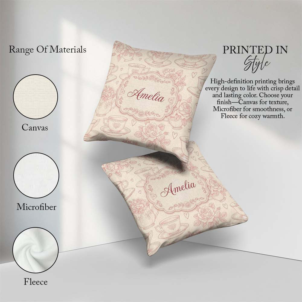 Custom Name Delicate Rose Teacup Floral Romantic Seamless Design Square Filled Cushion Throw Pillow Sofa Bed Home Decor Zip Washable UK Made