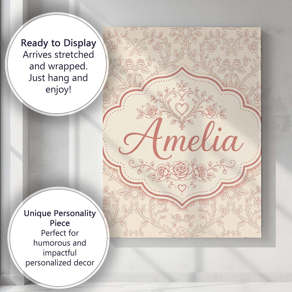 Personalised Name Ornate Rose Heart Vine Custom  Unique Gift Idea Elegant Feature Canvas Wall Art Print Decor Picture Ready to Hang