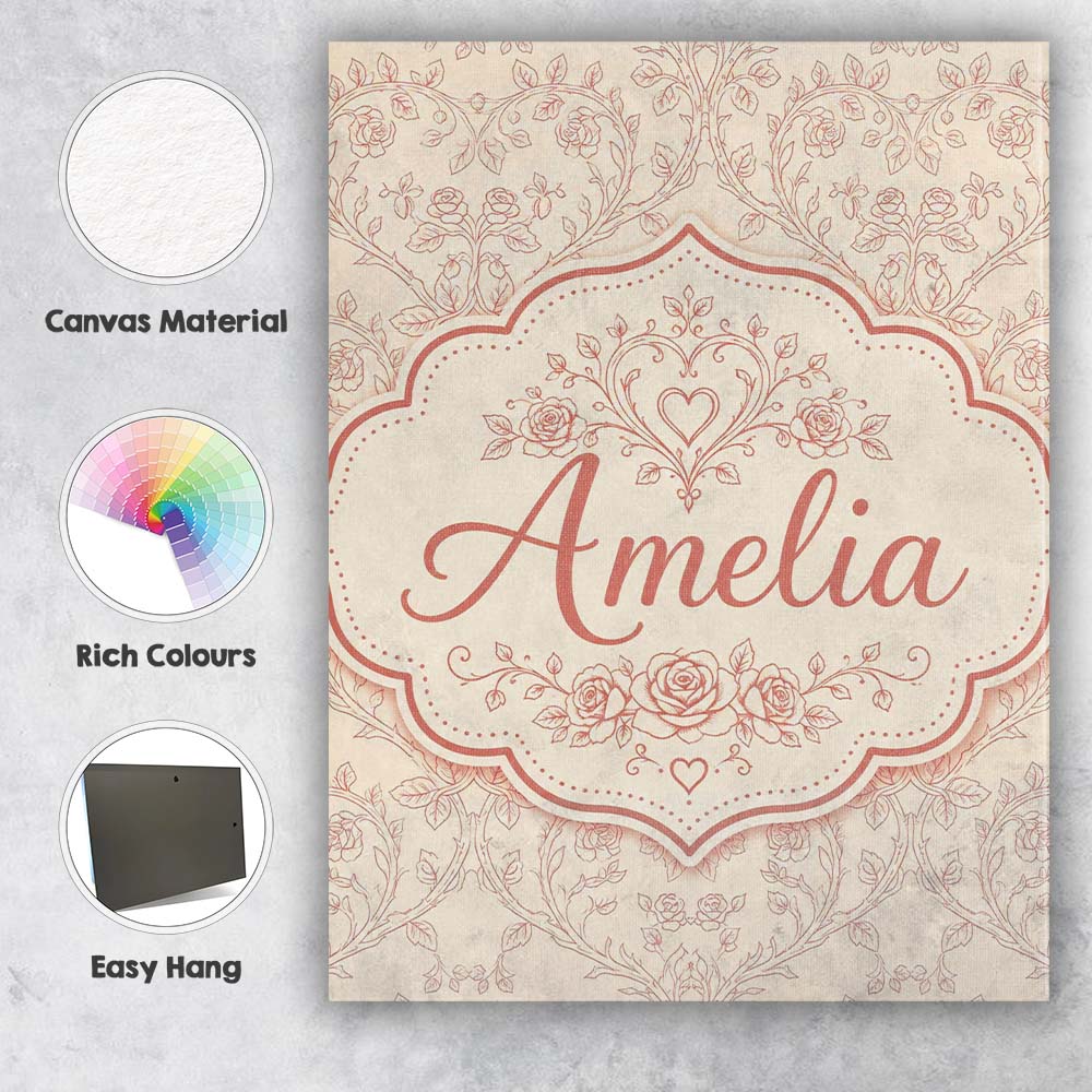 Personalised Name Ornate Rose Heart Vine Custom  Unique Gift Idea Elegant Feature Canvas Wall Art Print Decor Picture Ready to Hang